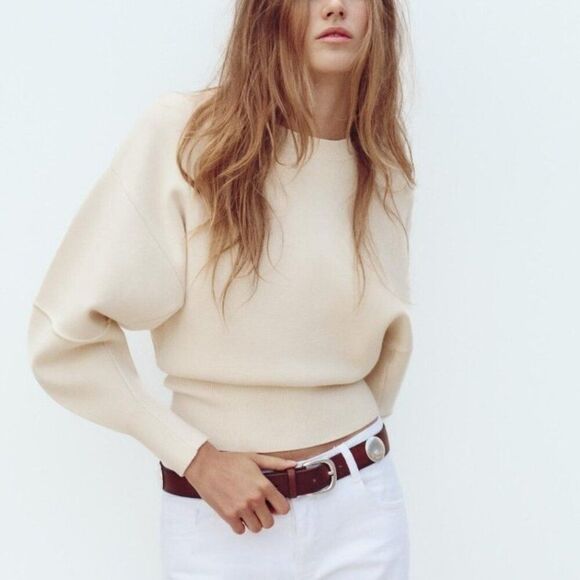Zara Womens Sweater Large L ivory ecru Knit Fitted Hem Long Sleeve 3920/154 NWT - Picture 1 of 11